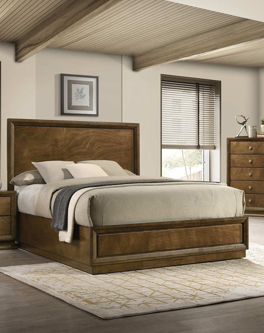 Walnut Color Transitional Style Twin Size Bed 2x Nightstands 3pc Set Bedroom Furniture Metal Knobs