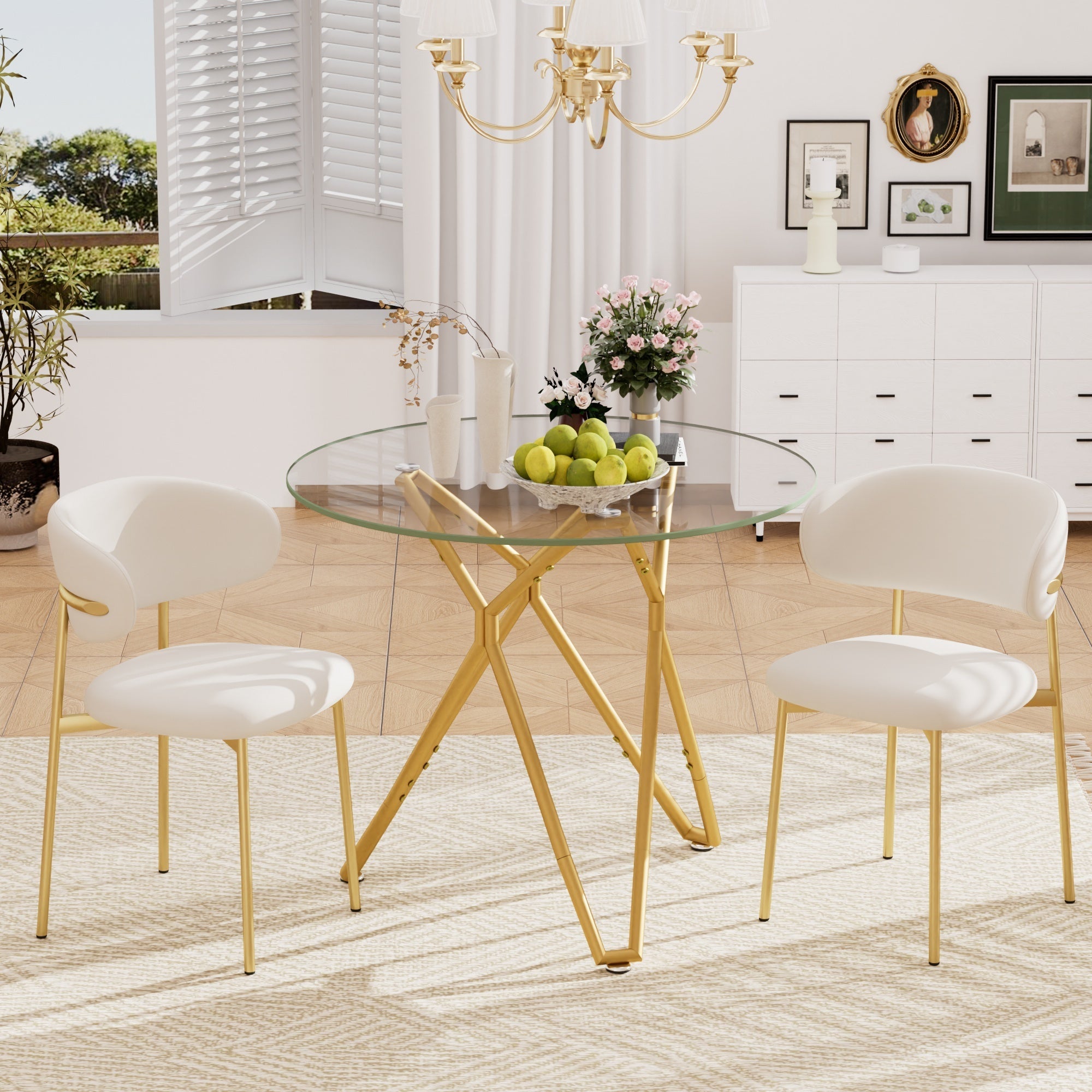 Modern Round Tempered Glass Dining Table with Sturdy Metal Legs for 1-4 People, Gold, 35.4 Inches