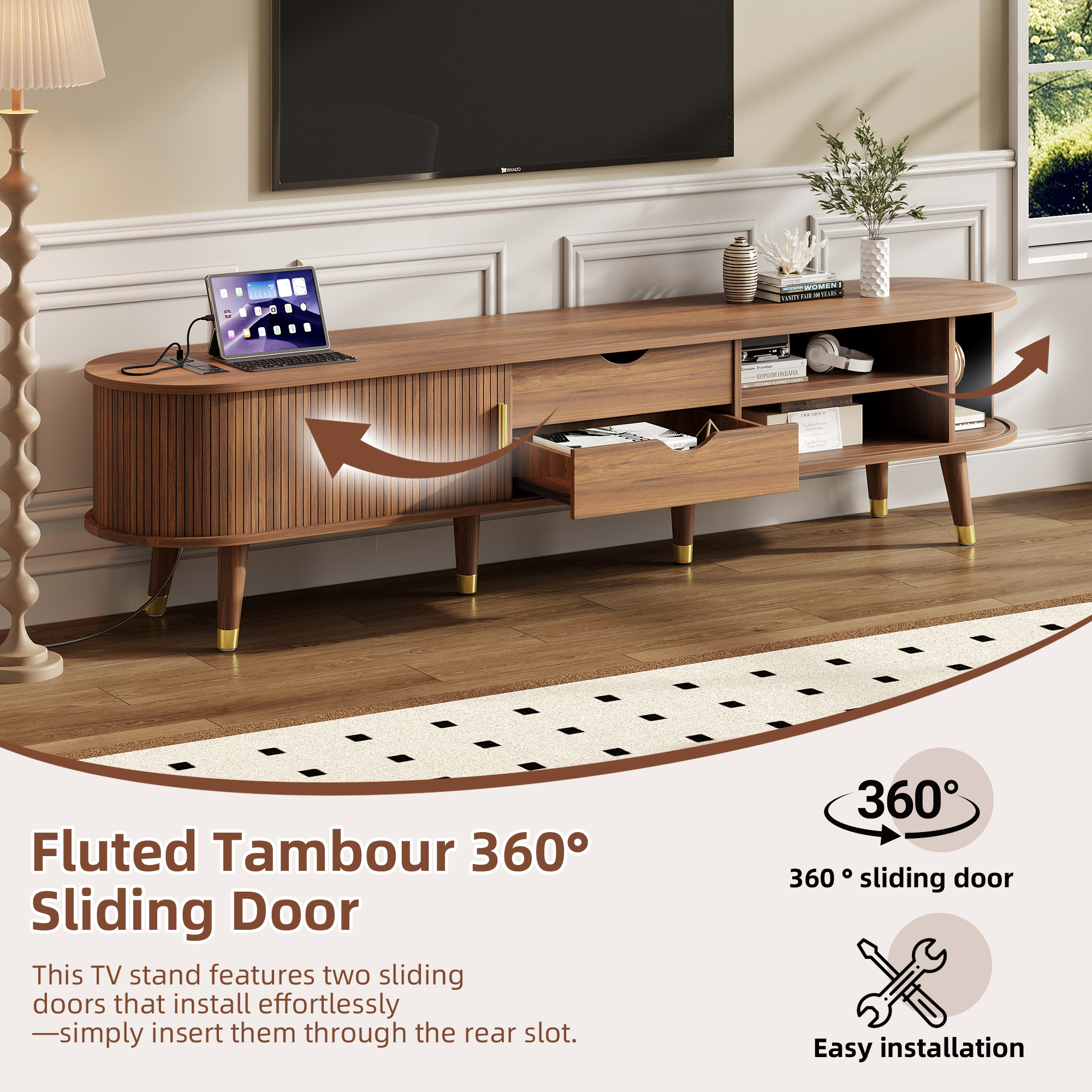 Wooden Oval Fluted TV Stand with Charging Station for TV up to 80', Mid-Century Media Console with Sliding Tambour Door, Farmhouse TV Cabinet with Golden Handle for Living Room, Walnut