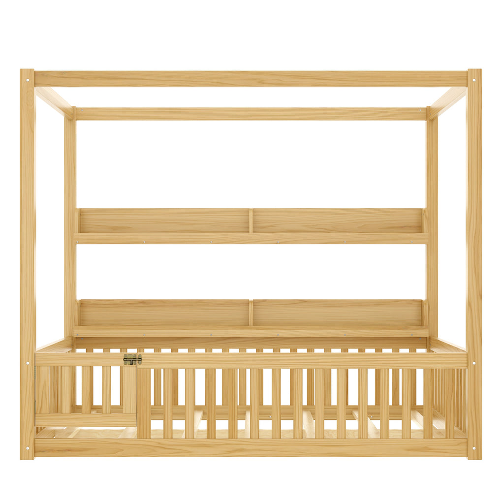Full Size Canopy Bed with Guardrails, Solid Wood Floor Bed with Shelves, Montessori Floor Bed Frame for Kids, Boys, Girls, No Spring Box Needed, Natural
