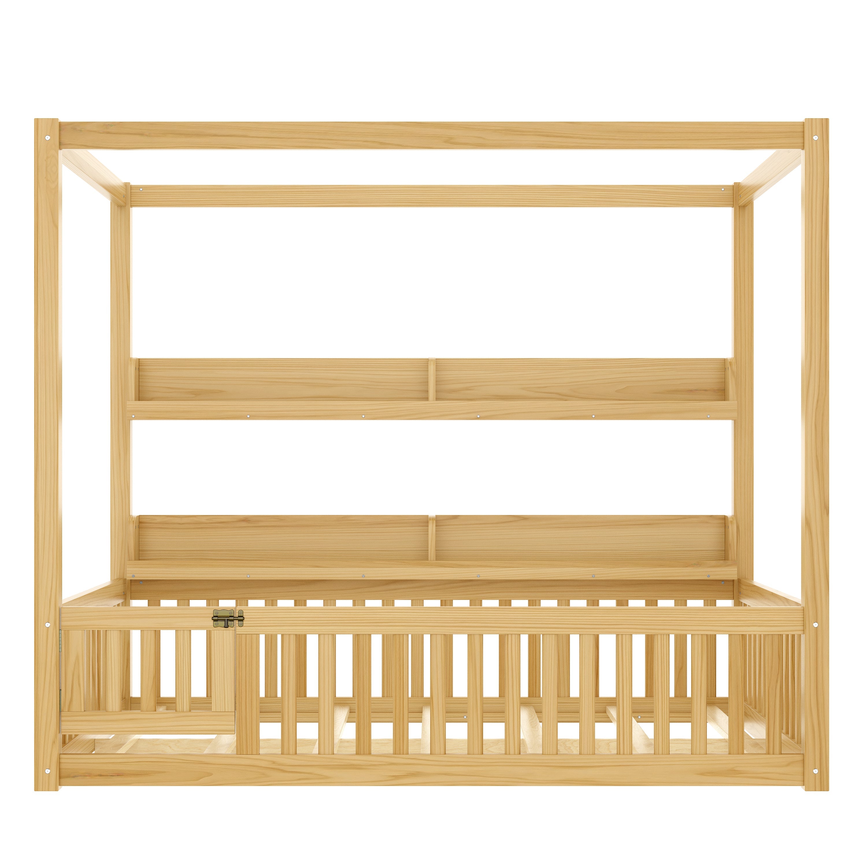 Full Size Canopy Bed with Guardrails, Solid Wood Floor Bed with Shelves, Montessori Floor Bed Frame for Kids, Boys, Girls, No Spring Box Needed, Natural