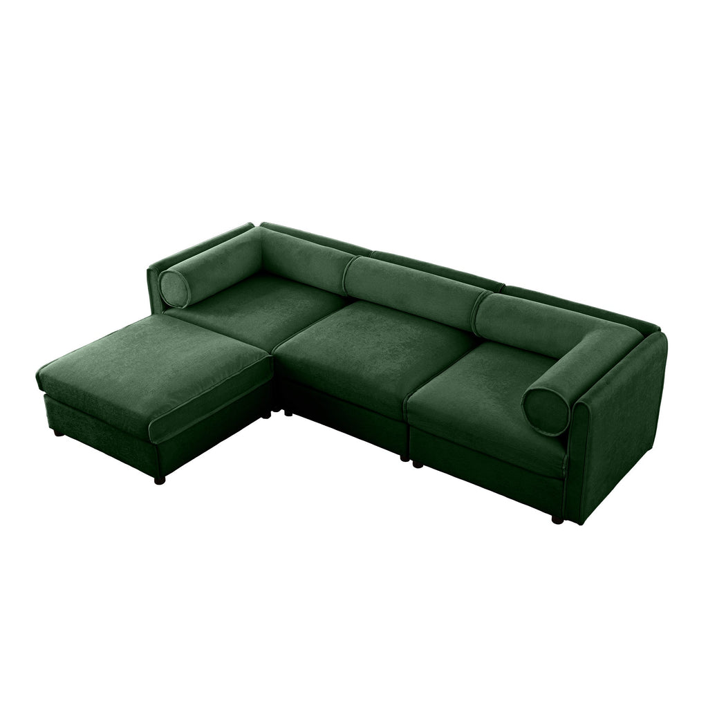 Elegant Green Chenille  Sofa with Storage Seat and Ottoman, L-Shaped 3-Seater Cylindrical Backrest and Armrests, Contemporary 3-Seater Fabric Couch with Hidden Storage Compartment
