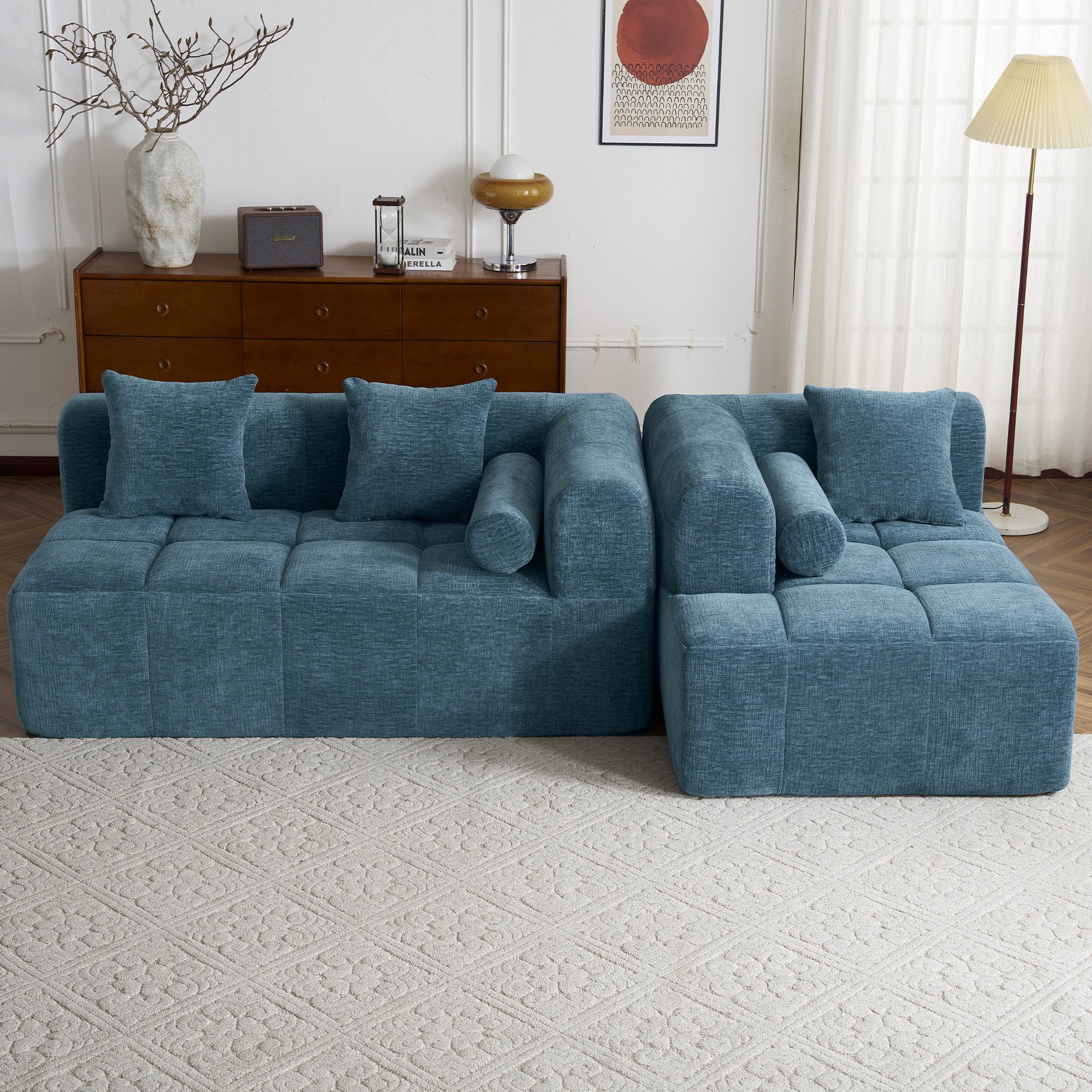 Modern Modular Sofa with Deep Seating, Two Side Pockets, and Plush Pillows in Blue Chenille Fabric, 101.2'