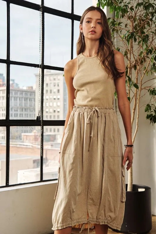 ADORA Drawstring Sleeveless Washed Dress