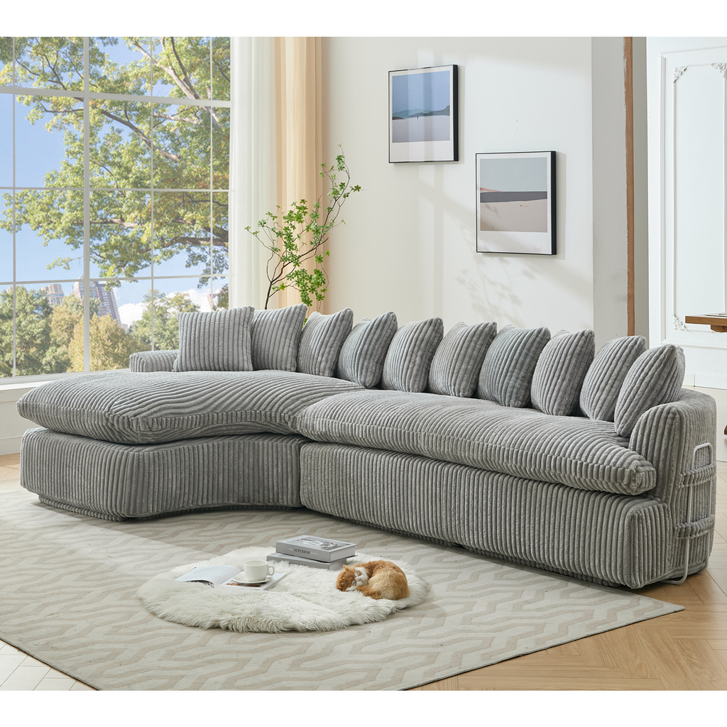 127''  Large Sectional Sofa ,Elegant Curved Design ,High-Resilience Foam ,Ten Back Cushions,L-Shape Left Sofa,No Assembly  Required , (Gray-Soft Corduroy Fabric)