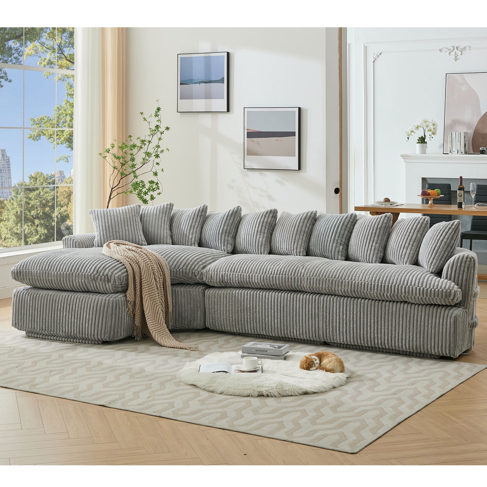 127''  Large Sectional Sofa ,Elegant Curved Design ,High-Resilience Foam ,Ten Back Cushions,L-Shape Left Sofa,No Assembly  Required , (Gray-Soft Corduroy Fabric)