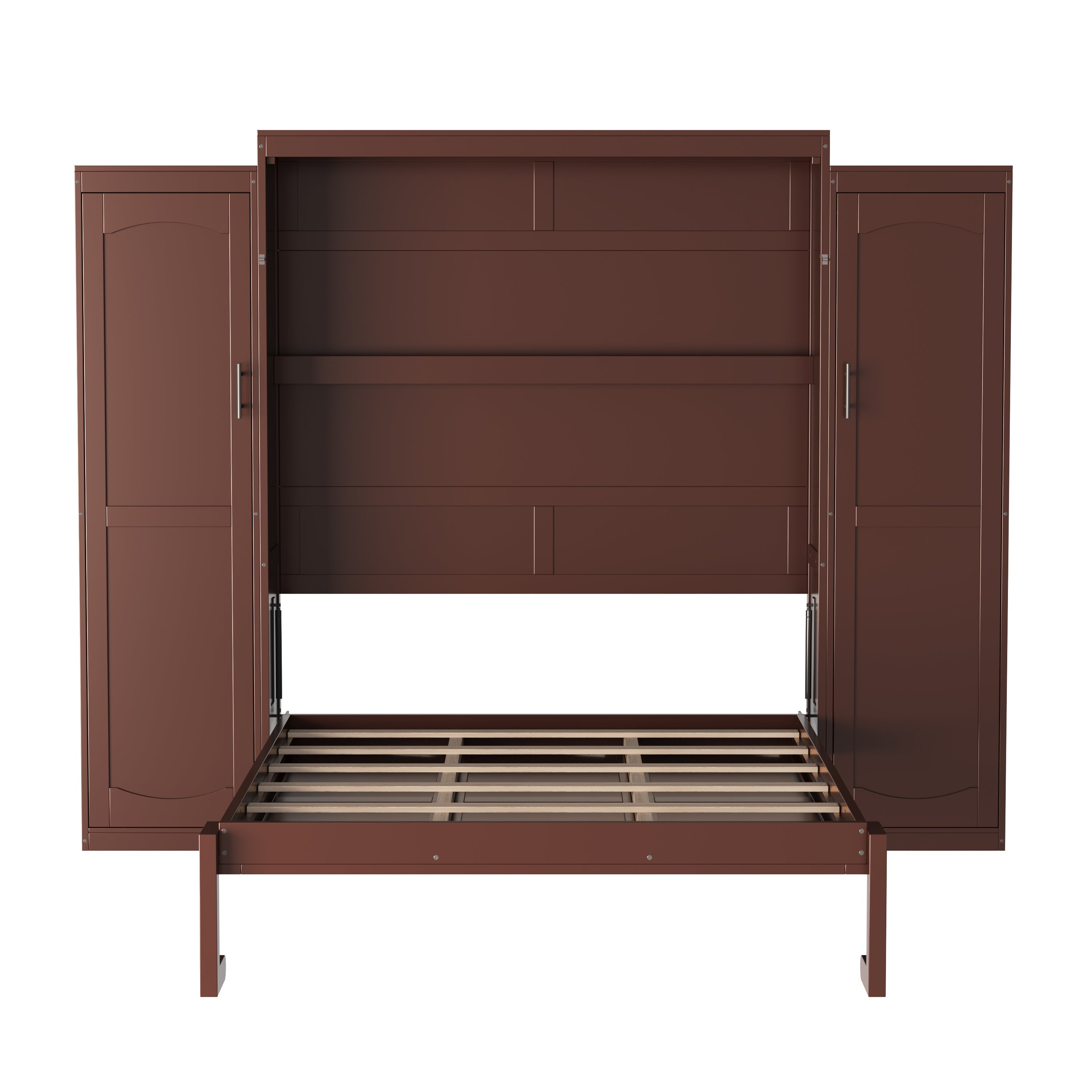 Full Size Murphy Bed, Wooden Full Wall Bed with 2 Wardrobe and Storage Shelf, Multifunctional Foldable Platform Bedframe for Guest-Room, Bedroom, Walnut