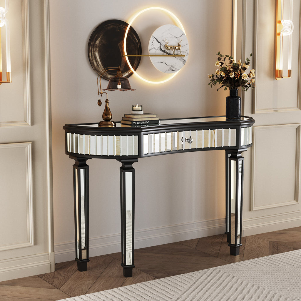 47' Half-Moon Mirrored Console Table with Fluted Glass & Crystal Knob Drawer - Silver Entryway Vanity Desk for Bedroom/Dressing Room(Black+Sliver)
