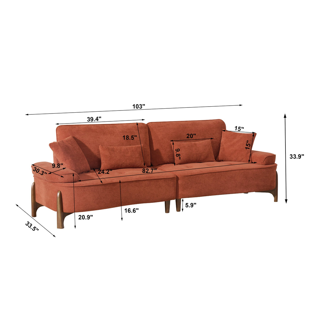 Comfortable Deep Seated Sofa with Pillows for Bedroom, Living Room, Office in Brick Red Velvet