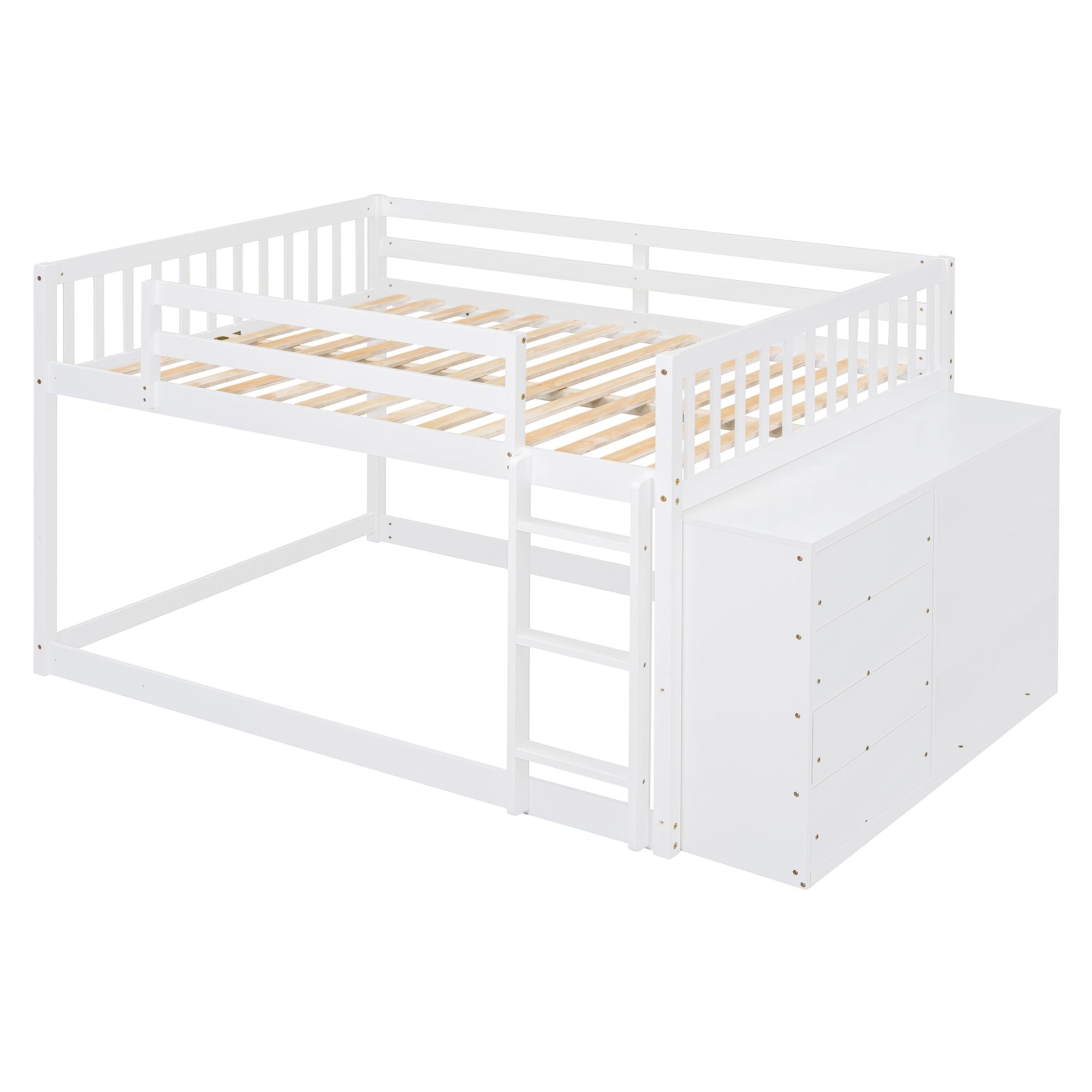 Elegant White Full Over Full Bunk Bed with Storage and Shelves - Solid Wood and Durable Design