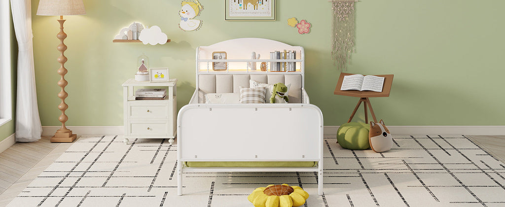 Twin Size Metal Platform Bed Frame with Light, Kids Twin Metal Bed with Upholstered and Storage Headboard, White (Expect Arrival Date 2025/10/5)