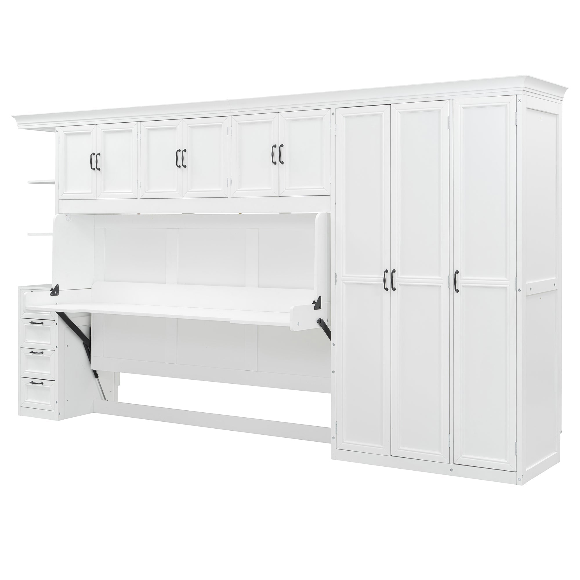 Twin Size Murphy Bed Wall Bed with Wardrobe, Cabinet and Desk, White