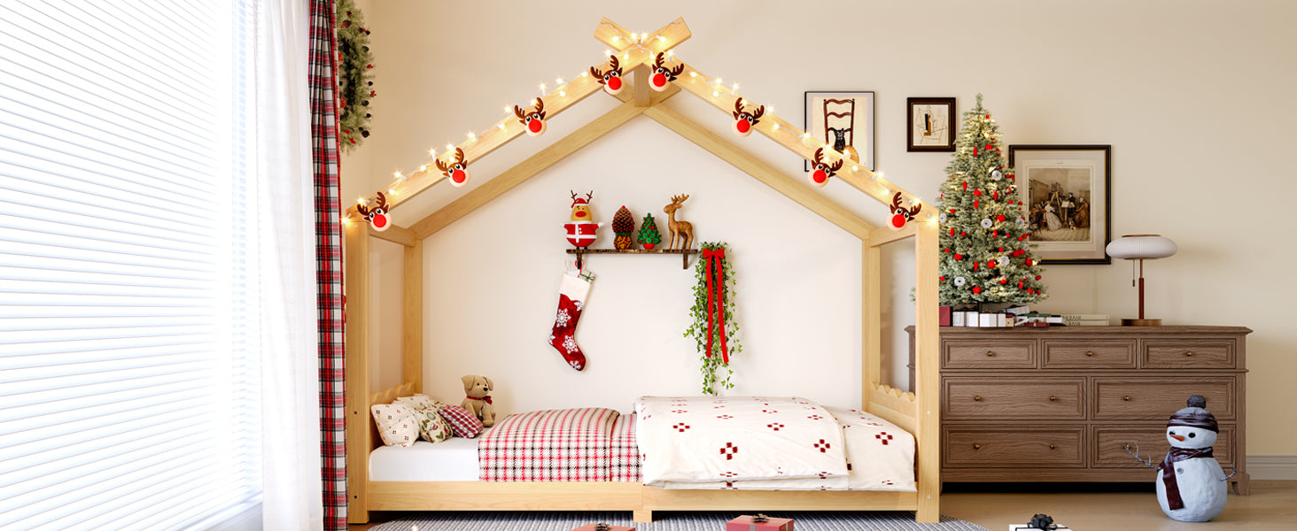 Twin House Floor Bed with Support Slats, Solid Wood House Bed Frame for Kids, No Box Spring Needed and Opening Constructure, Natural