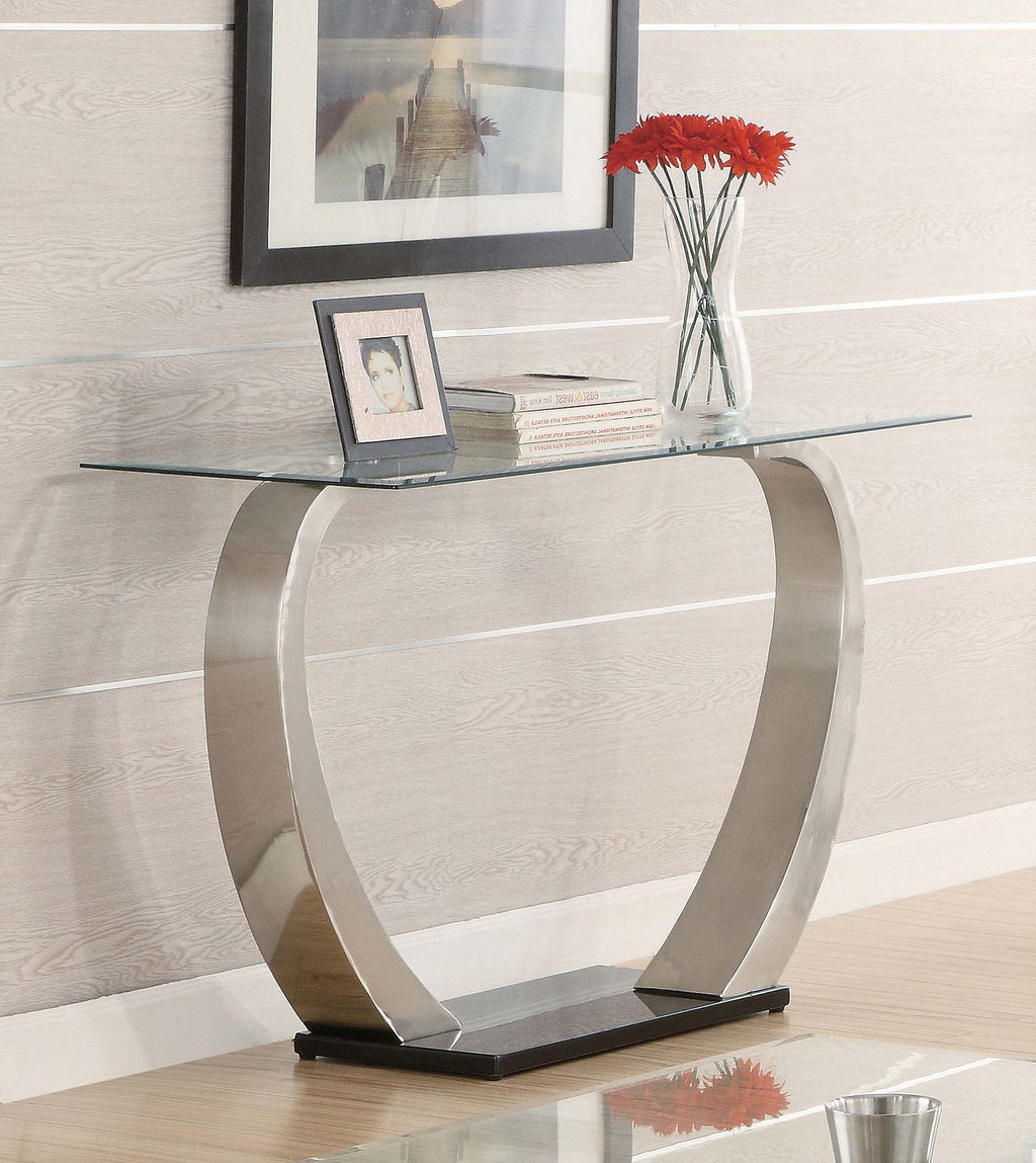 Lana Satin Silver Glass Top Metal Base Console Table
