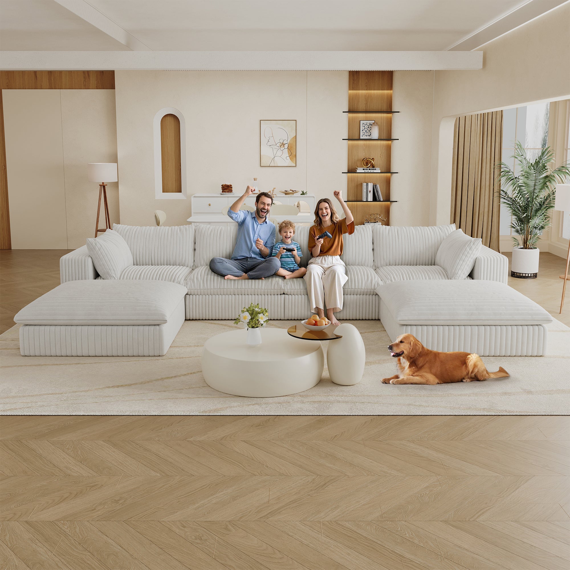 157.6'Cloud Sofa,Corduroy Fabric,Deep Seat Couches,Double-layer design,Removable  Cushion,No Assembly,DIY Combination for Living room, Bedroom,Conference room ,Apartment,White