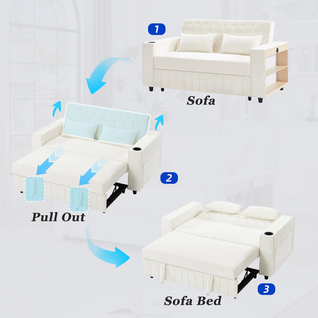 61.4' Pull-out Sofa Bed Convertible Couch Loveseat Sofa Modern Sleeper Sofa with Adjustable Backrest for Living Room, Beige