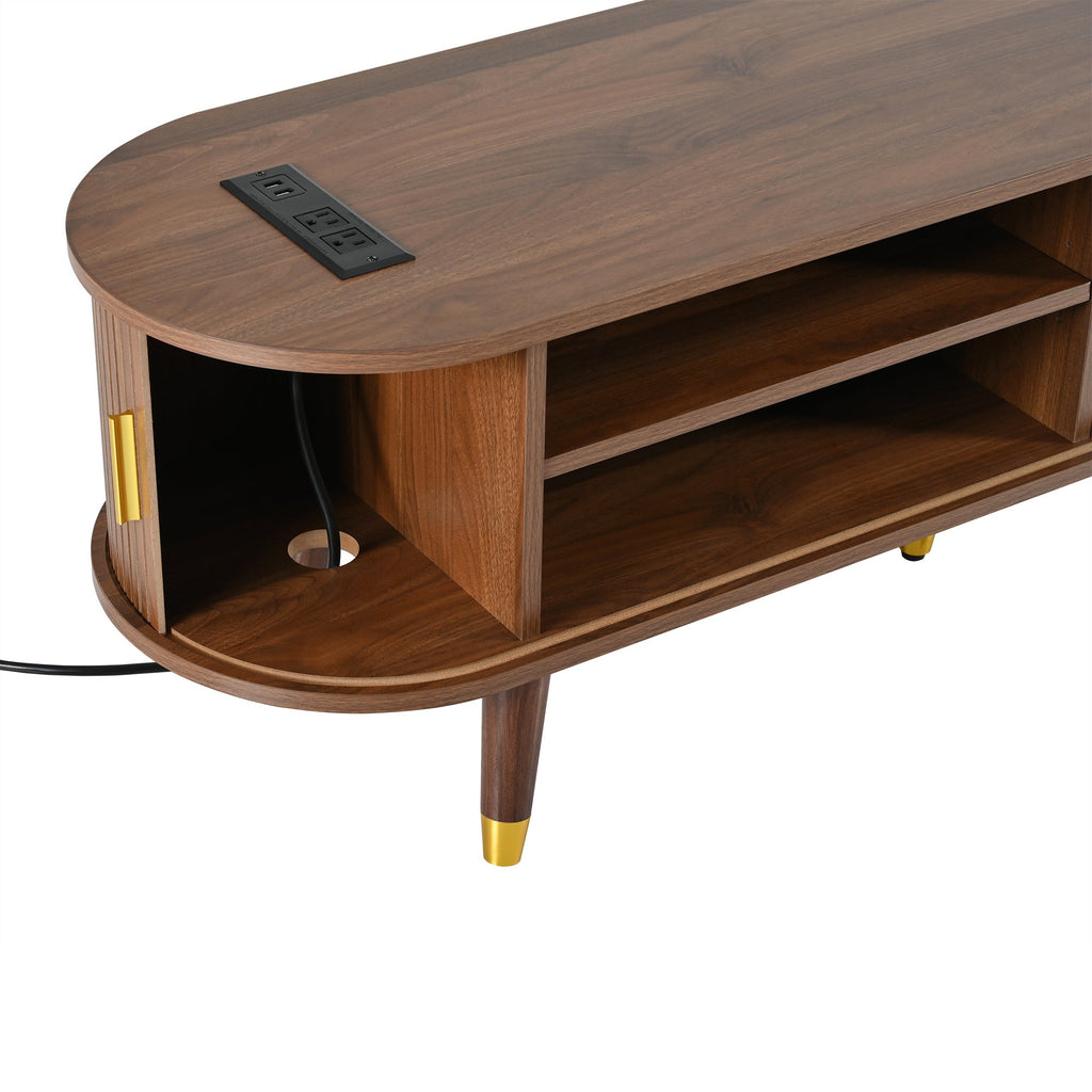 Wooden Oval Fluted TV Stand with Charging Station for TV up to 80', Mid-Century Media Console with Sliding Tambour Door, Farmhouse TV Cabinet with Golden Handle for Living Room, Walnut