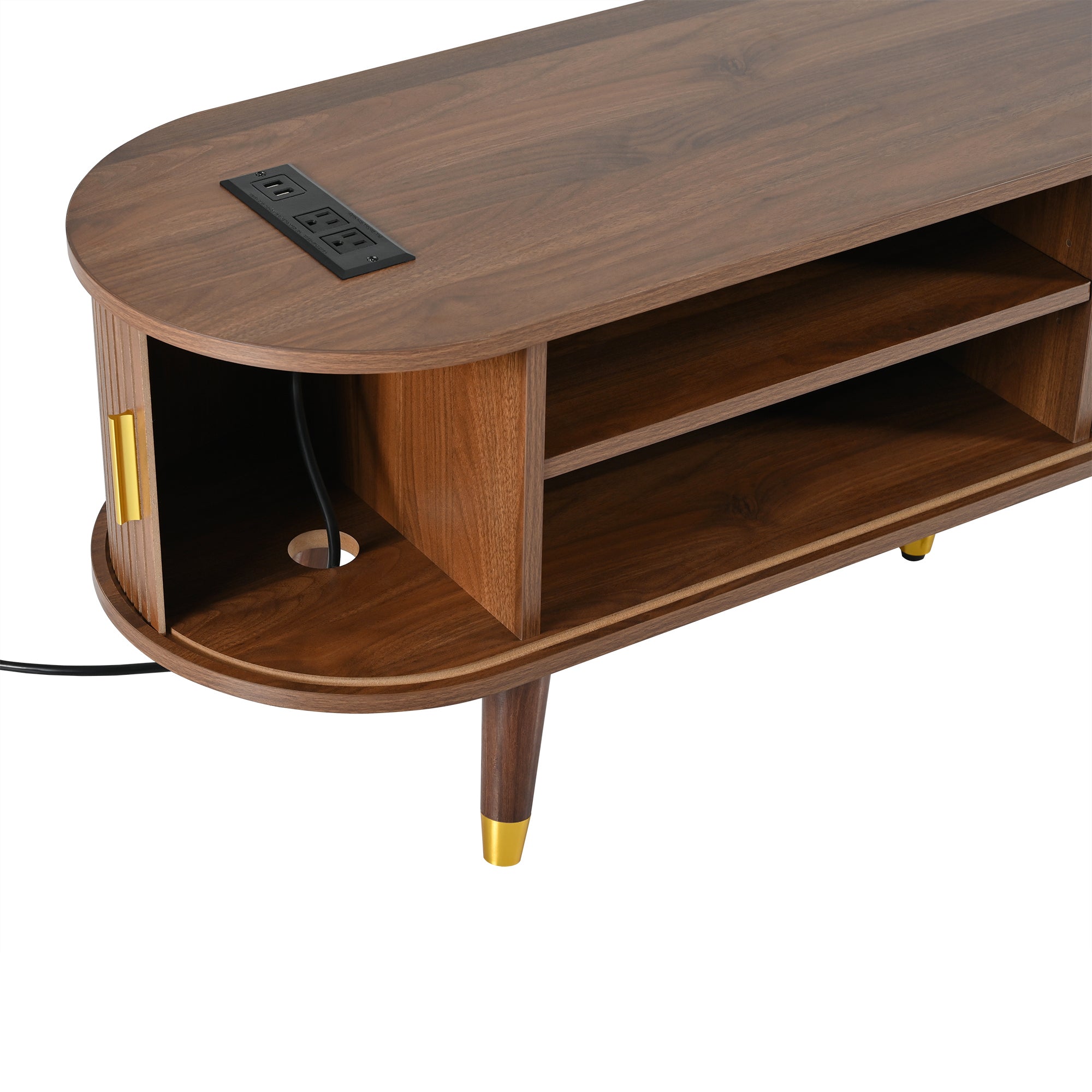 Wooden Oval Fluted TV Stand with Charging Station for TV up to 80', Mid-Century Media Console with Sliding Tambour Door, Farmhouse TV Cabinet with Golden Handle for Living Room, Walnut