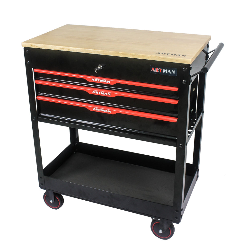 3 DRAWERS MULTIFUNCTIONAL TOOL CART WITH WHEELS AND WOODEN TOP--BLACK&RED