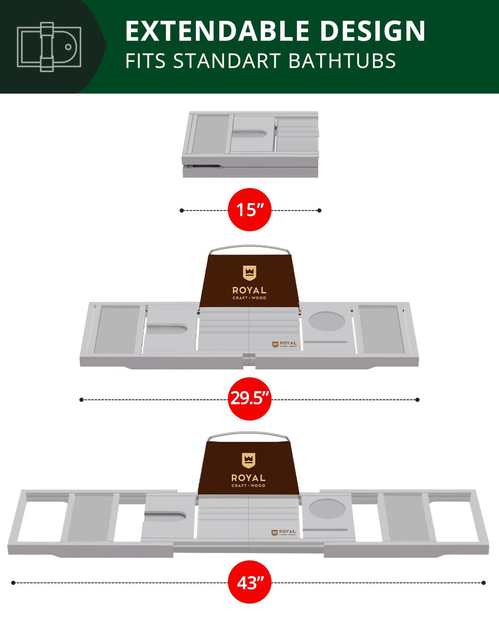 Bathtub Caddy Tray, Gray