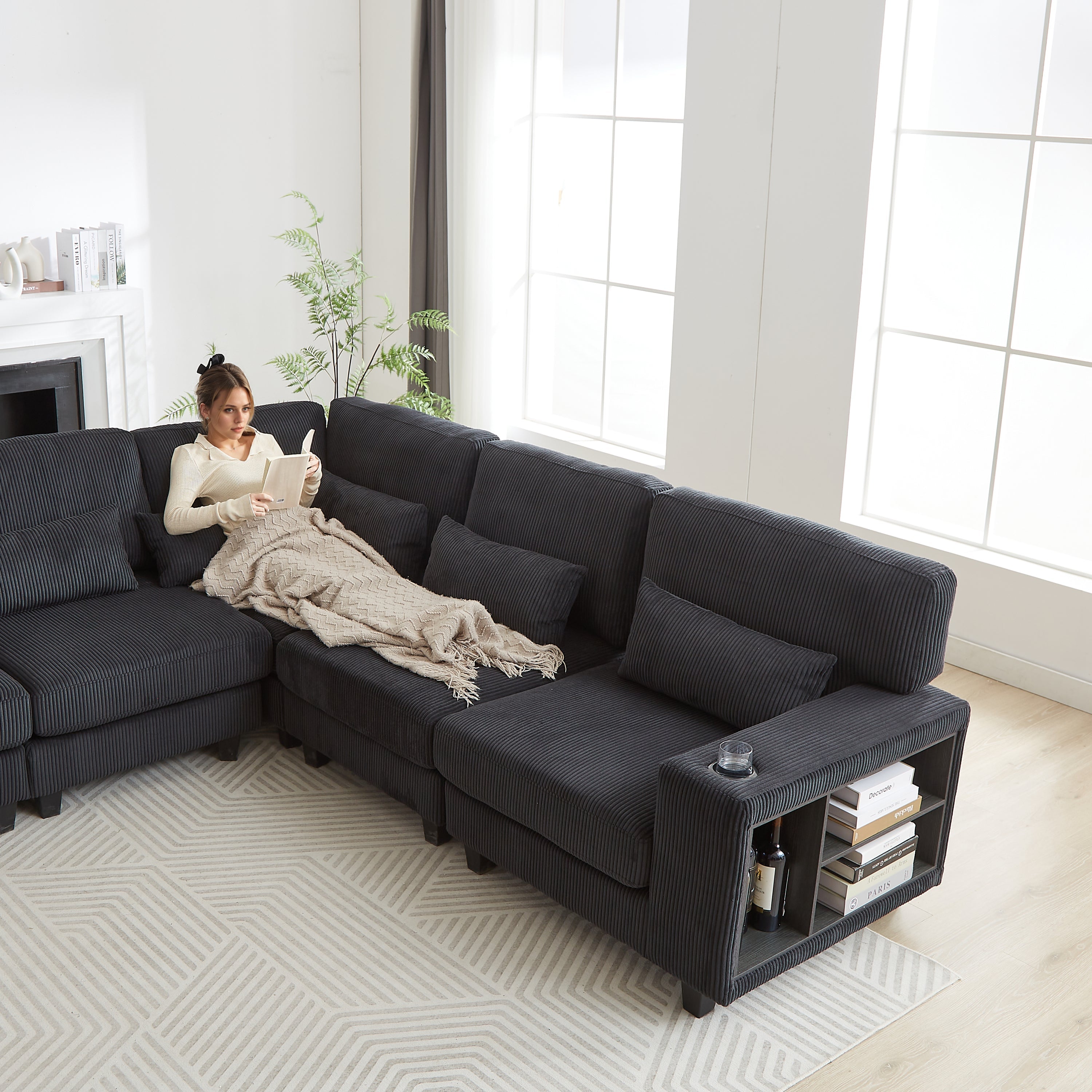 102.75*102.75' L-Shaped Modular Sectional Sofa, Modern Corduroy Sectional Sofa, Arm with Storage With Cup Holder 5-Seat Convertible Sectional Sofa for Living Room, Bedroom, Lounge and Projection Room