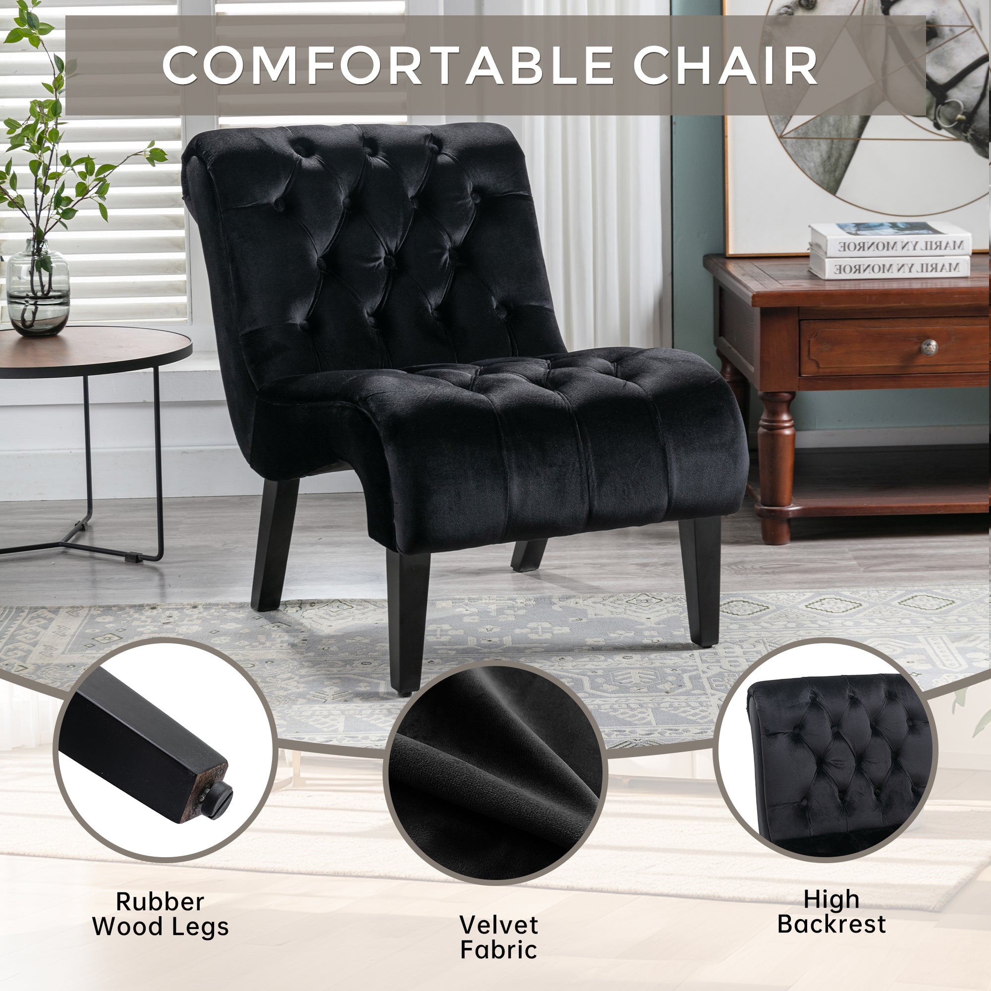 COOLMORE Modern Velvet Armless Accent Living Room Chair / Leisure Chair,Upholstered Fabric Button Comfortable Chair with Wooden Legs for Bedroom, Living Room, Office (Black Velvet)