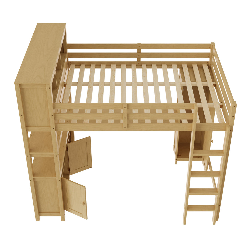 Wood Loft Bed with Cabinet and Bookshelf, Queen Size Loft with Wardrobe and Desk for Kids,Natural