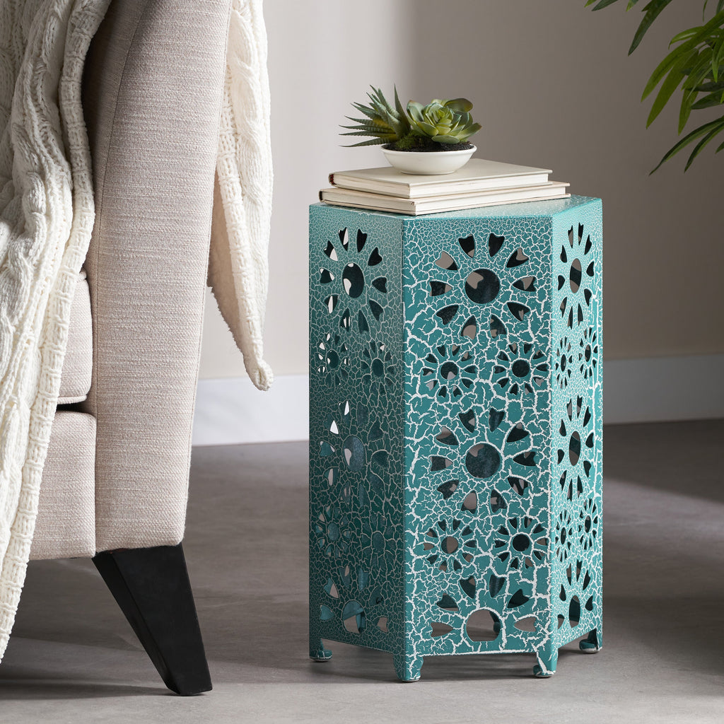 ELIANA Modern 12' Side Table with Iron Frame in Teal Finish