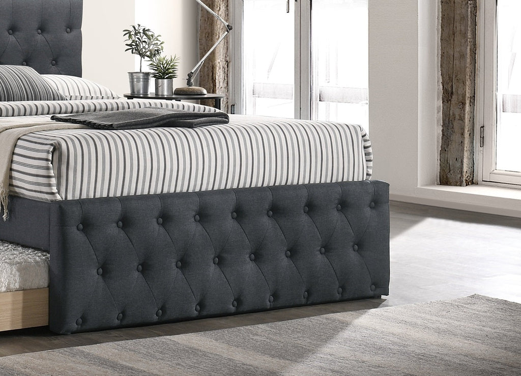 Contemporary Full Size Bed w/ Trundle Slats Charcoal Burlap Upholstered Button Tufted Headboard Footboard Youth Bedroom Furniture wooden Slats 1pc Bed