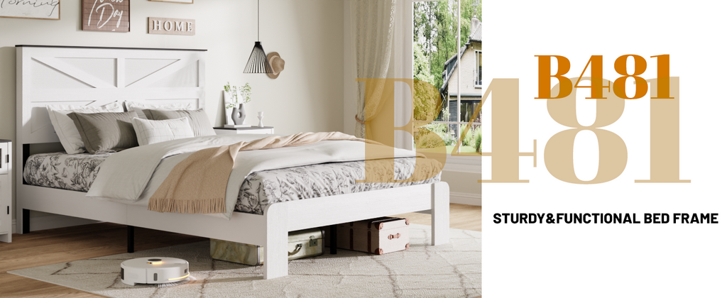 Queen Bed Frame Headboard , Wood Platform Bed Frame , Noise Free,No Box Spring Needed and Easy Assembly Tool,Large Under Bed Storage,White