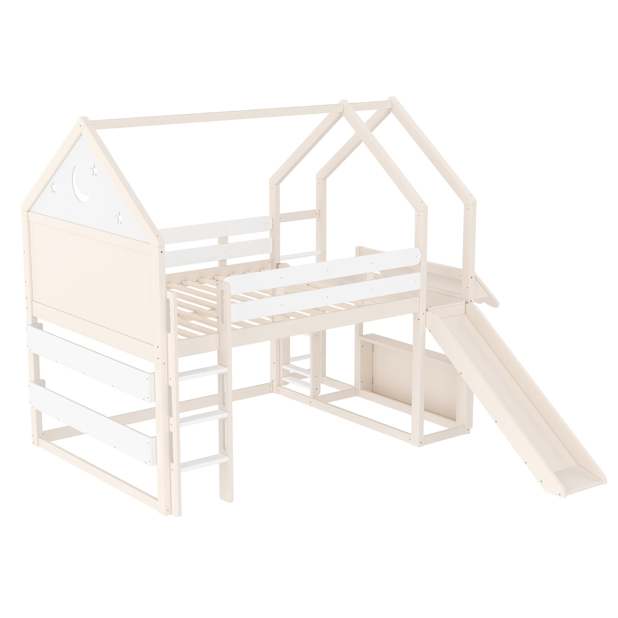 Full Size Loft Bed with Bookshelf Playful Design for Kids House-Shaped Structure with Slide High-Quality Safety Rails,Beige