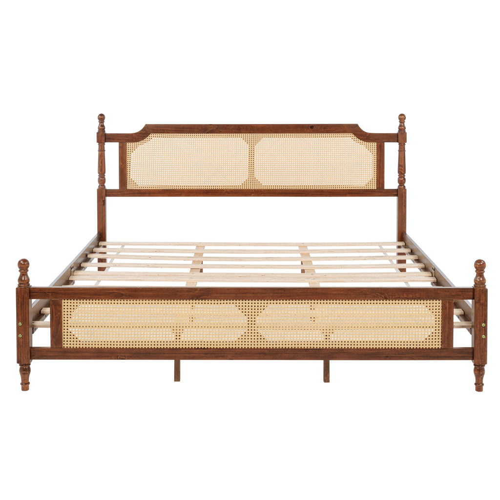King Pine wooden Bed with Rattan Headboard  and Footboard, with  Central Enhanced Bed Platform,Walnut