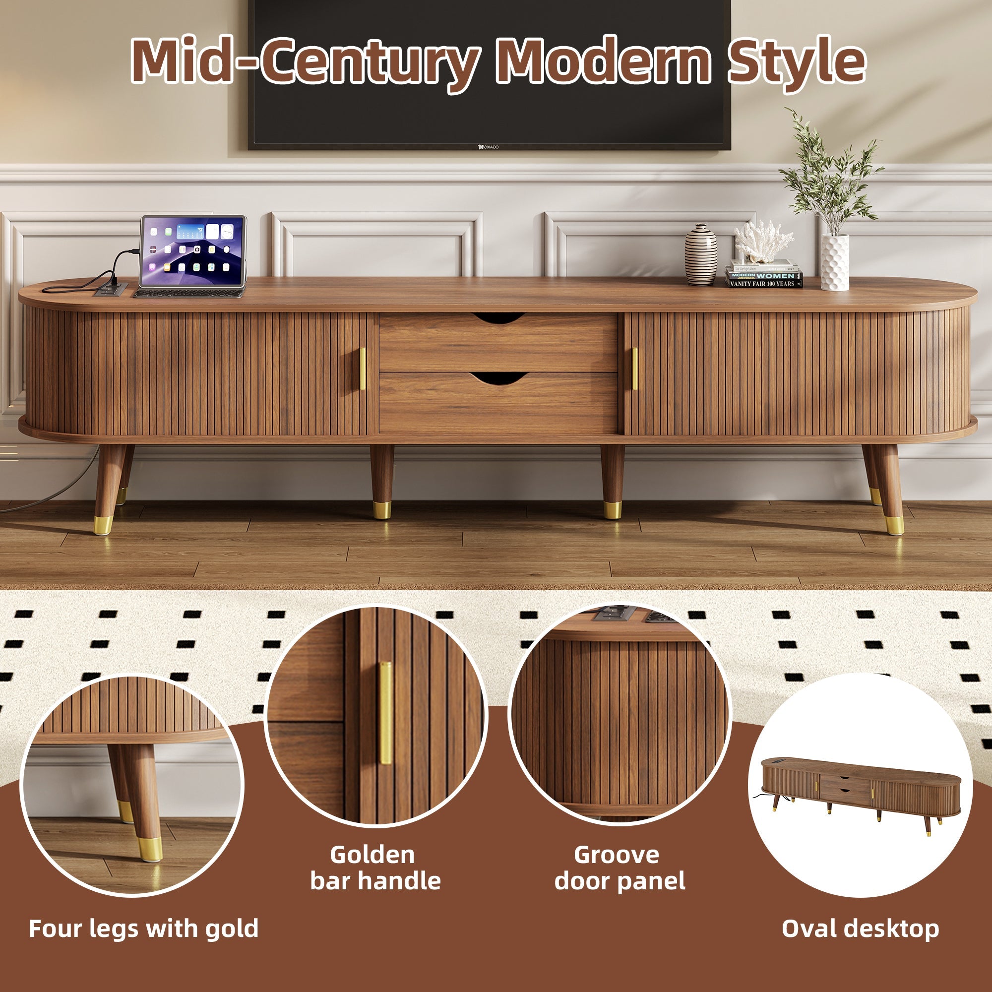 Wooden Oval Fluted TV Stand with Charging Station for TV up to 80', Mid-Century Media Console with Sliding Tambour Door, Farmhouse TV Cabinet with Golden Handle for Living Room, Walnut