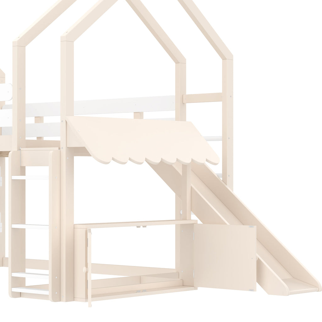 Full Size Loft Bed with Bookshelf Playful Design for Kids House-Shaped Structure with Slide High-Quality Safety Rails,Beige