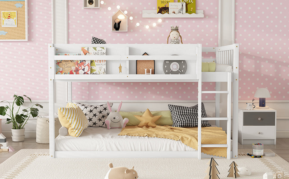 Low Twin Over Twin Bunk Bed, Floor Bunk Bed with Ladder, Solid Wood Twin Bunk Bed for Kids & Juniors, White(Expect Arrival Date 2025/11/25)