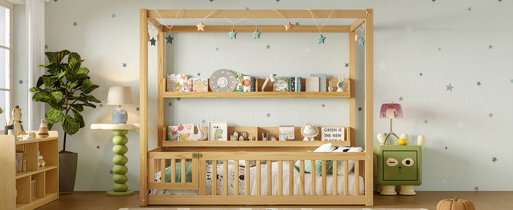 Twin Size Canopy Bed with Guardrails, Solid Wood Floor Bed with Shelves, Montessori Floor Bed Frame for Kids, Boys, Girls, No Spring Box Needed, Natural