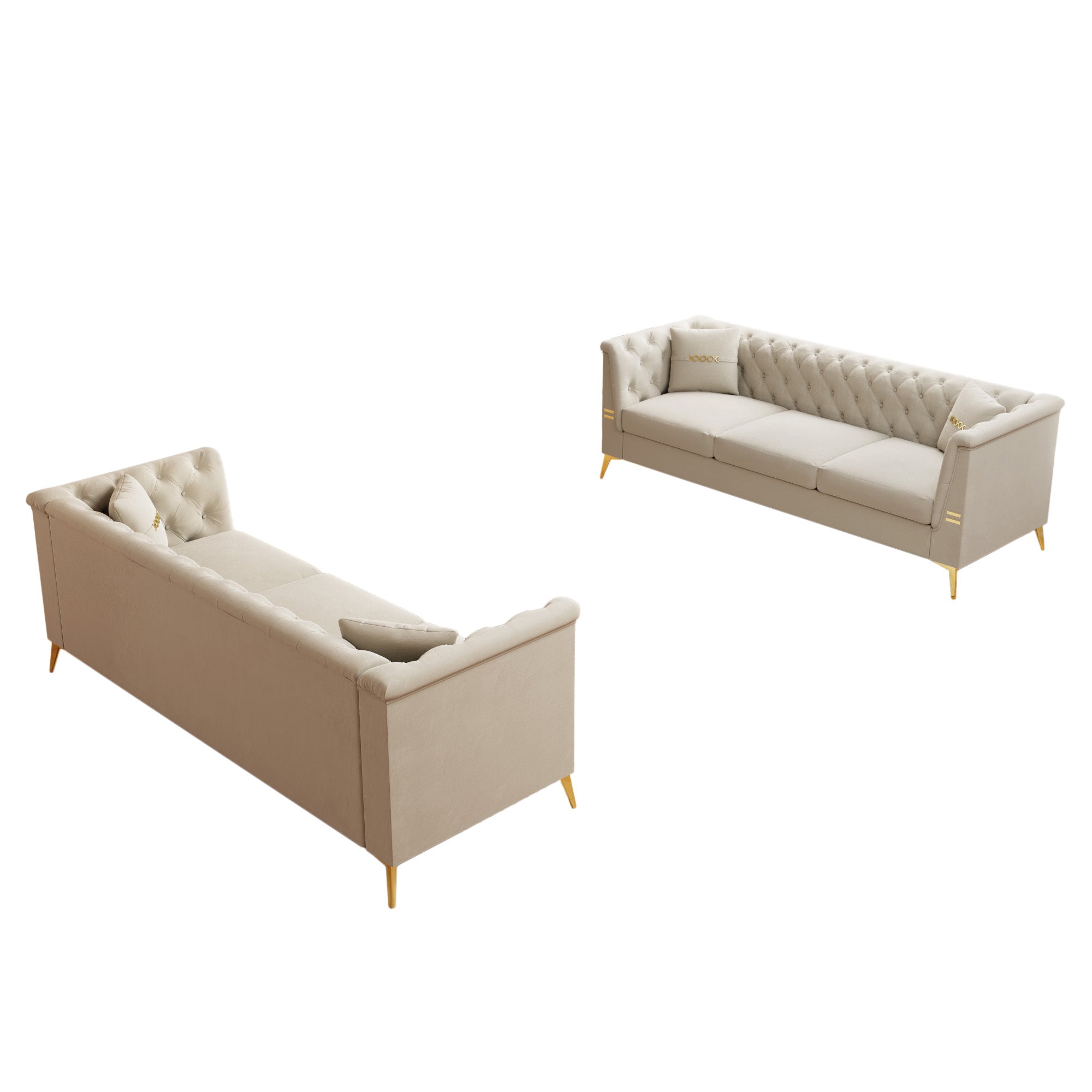 FX-P83-2PC SOFA -CW4  Modern Velvet Upholstered Sofa Set of 2, Cream White 3-Seater Sofas with Gold Metal Legs Contemporary Living Room Furniture for Family Homes, Apartments, and Lounge Spaces