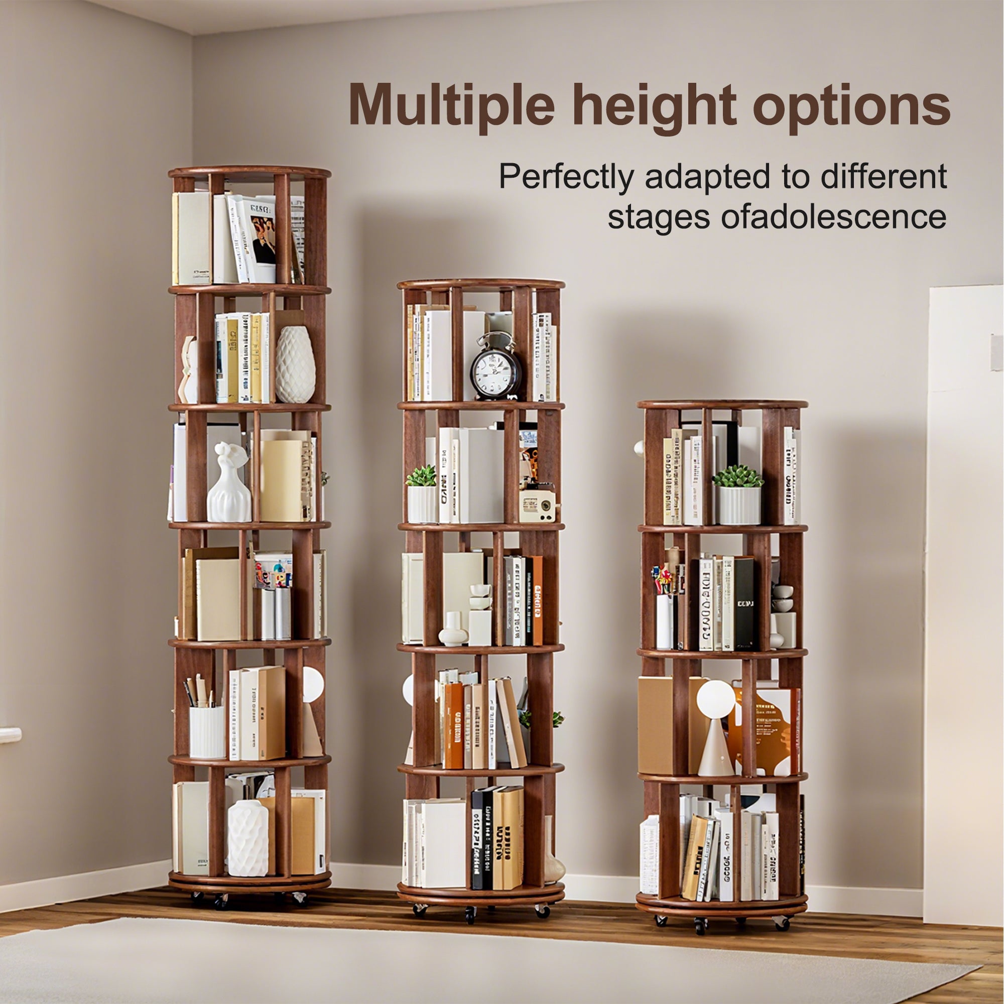 100%Solid Wood Rotating Bookshelf on Wheels,5 Tier, Round Revolving Bookcase, 360° Spinning Book Shelf Tower for Kids, Narrow Rolling Bookshelves for Small Space, Corner, Bedroom, Office, Walnut