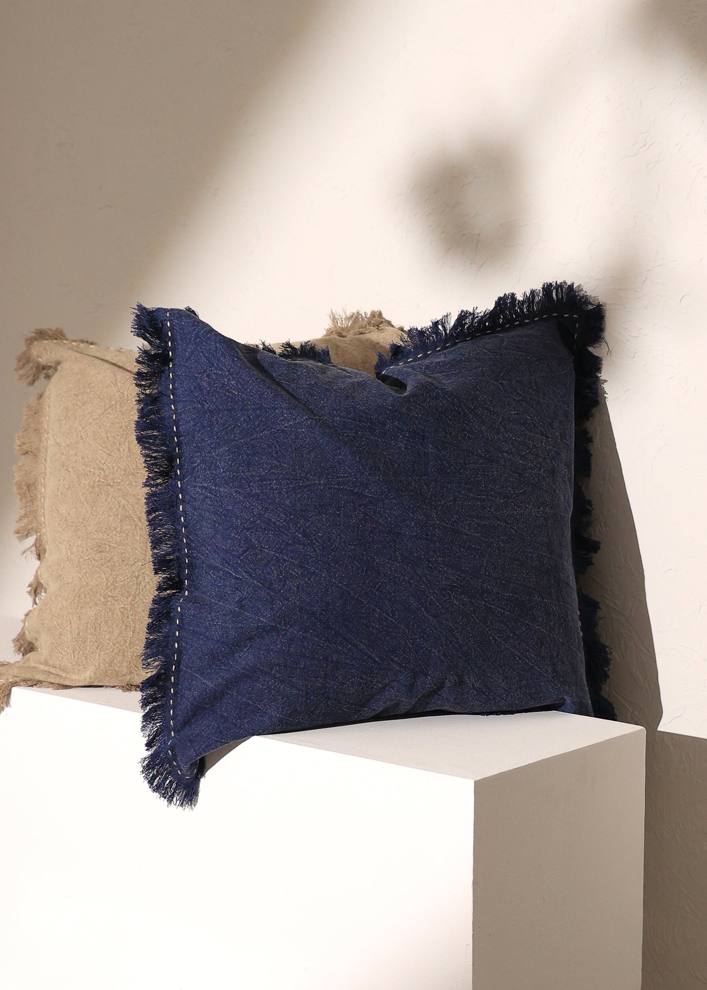Stonewashed Linen Throw Pillow with Handworked Edges & Fringe -22X22'