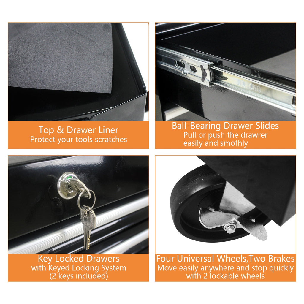 Rolling Tool Chest, 6-Drawer Tool Box with Wheels, Heavy Duty Industrial Service Cart Storage Organizer with Locking System, Rolling Tool Box Organizer Tool Case for Garage, Repair Shop - Black