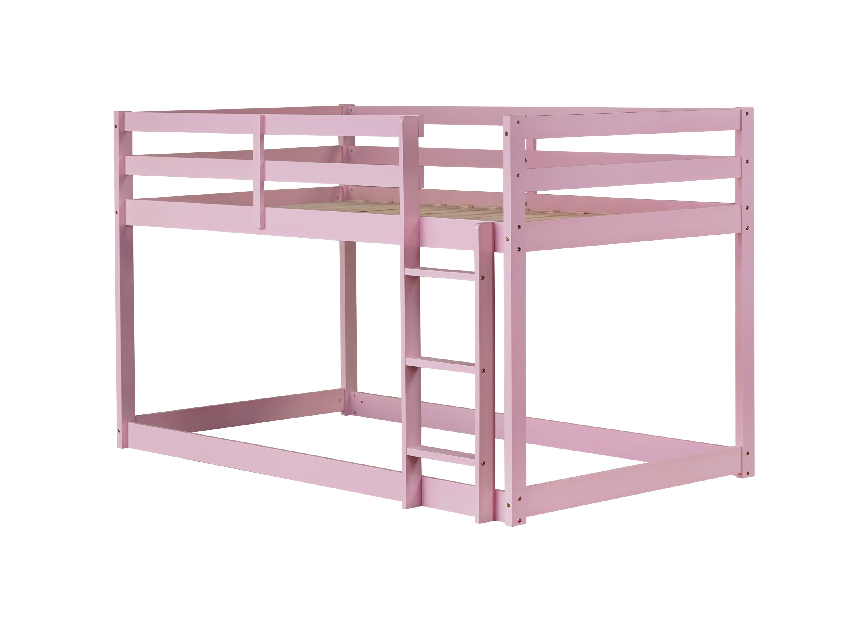 Solid Wooden, Solid Rubber Wooden Twin over Twin Floor Bunk Bed with Ladder, with Bed Platform of Strengthened Slats , Pink