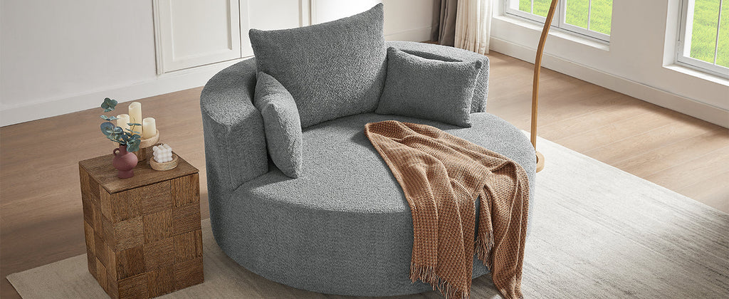 Modern Accent Swivel Barrel Chair with Removable Pillows, Grey Chenille, 56.3x56.3x35.5 in