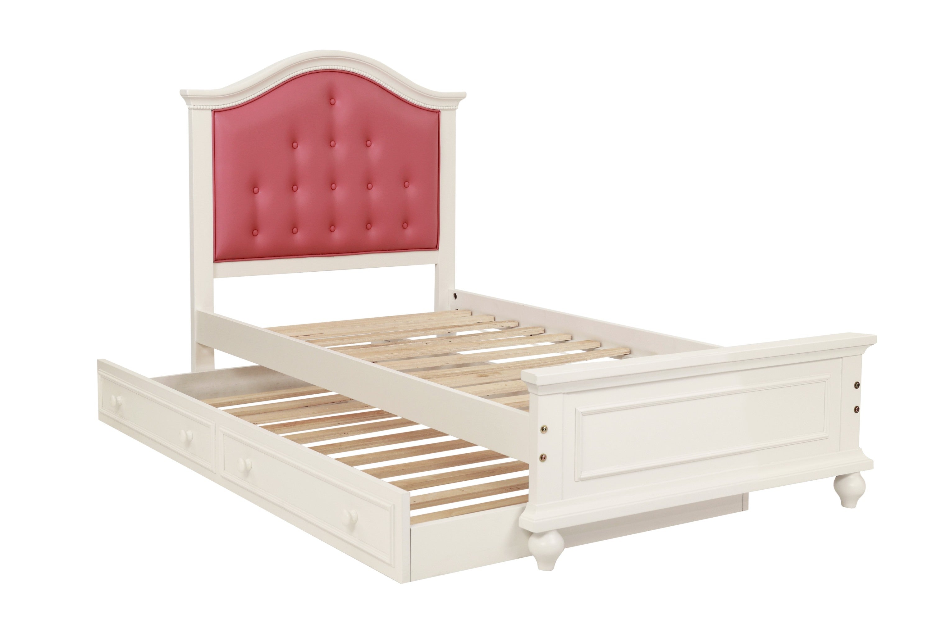 Contemporary Style Twin Size Bed w/ Trundle Slats Pine Plywood Kids Youth Bedroom Furniture Pink Faux Leather Tufted HB