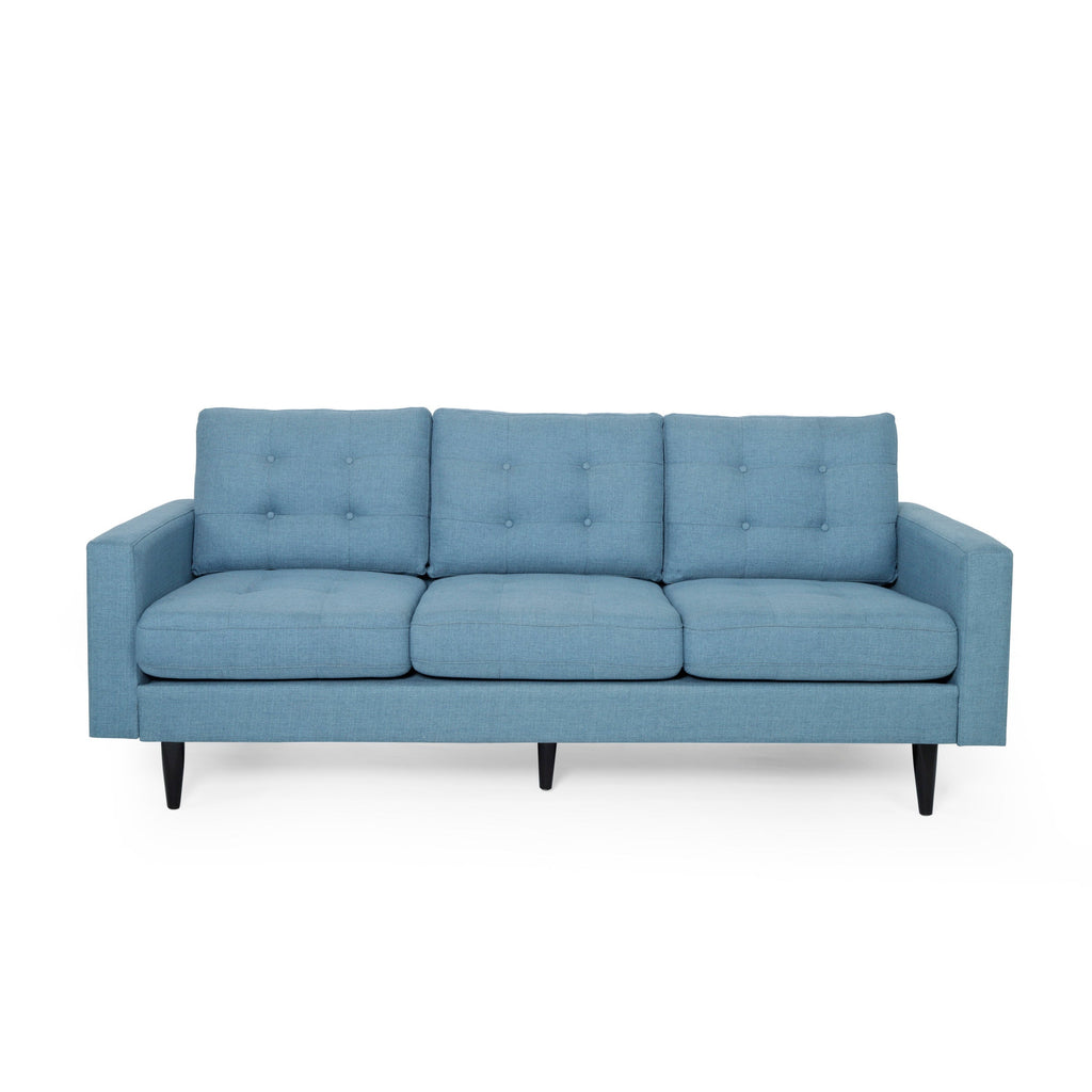 Jenny Contemporary Tufted Fabric 3-Seater Sofa, Blue, Rubberwood Frame, 82.75' Length