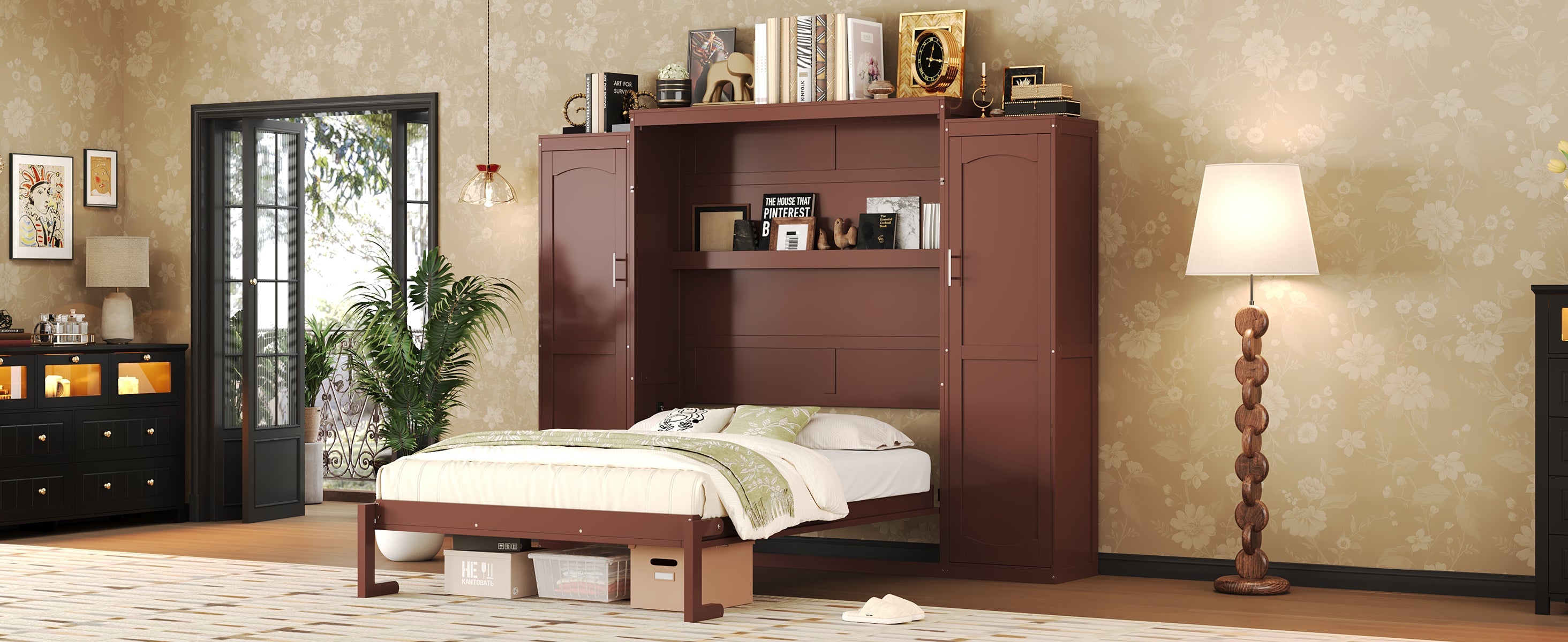 Full Size Murphy Bed, Wooden Full Wall Bed with 2 Wardrobe and Storage Shelf, Multifunctional Foldable Platform Bedframe for Guest-Room, Bedroom, Walnut