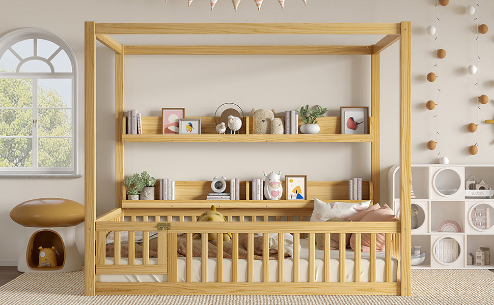 Full Size Canopy Bed with Guardrails, Solid Wood Floor Bed with Shelves, Montessori Floor Bed Frame for Kids, Boys, Girls, No Spring Box Needed, Natural
