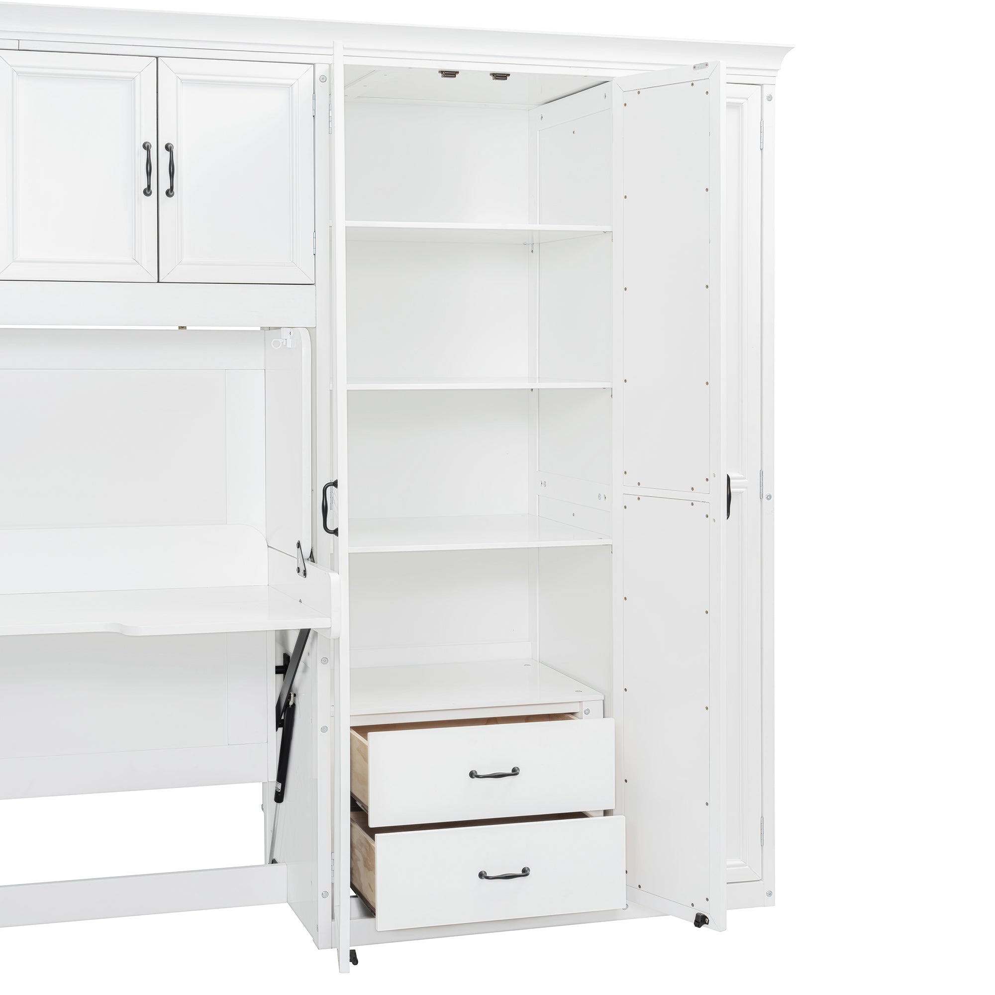 Twin Size Murphy Bed Wall Bed with Wardrobe, Cabinet and Desk, White