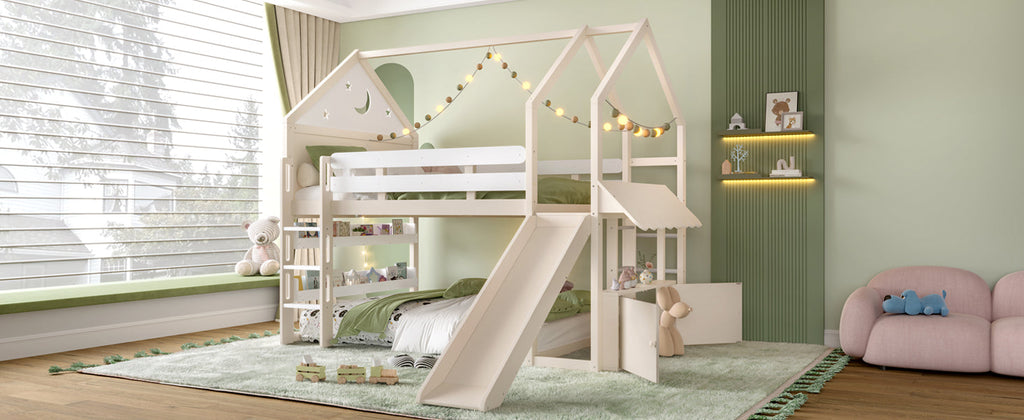 Full Size Loft Bed with Bookshelf Playful Design for Kids House-Shaped Structure with Slide High-Quality Safety Rails,Beige
