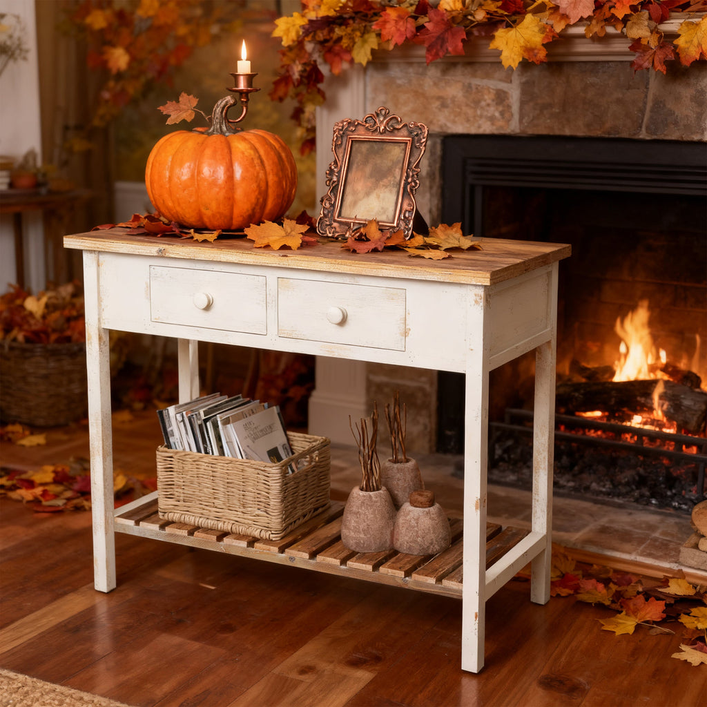 Vintage Two - Drawer Console Table with Open Shelf, Distressed Finish for Entryway & Living Room
