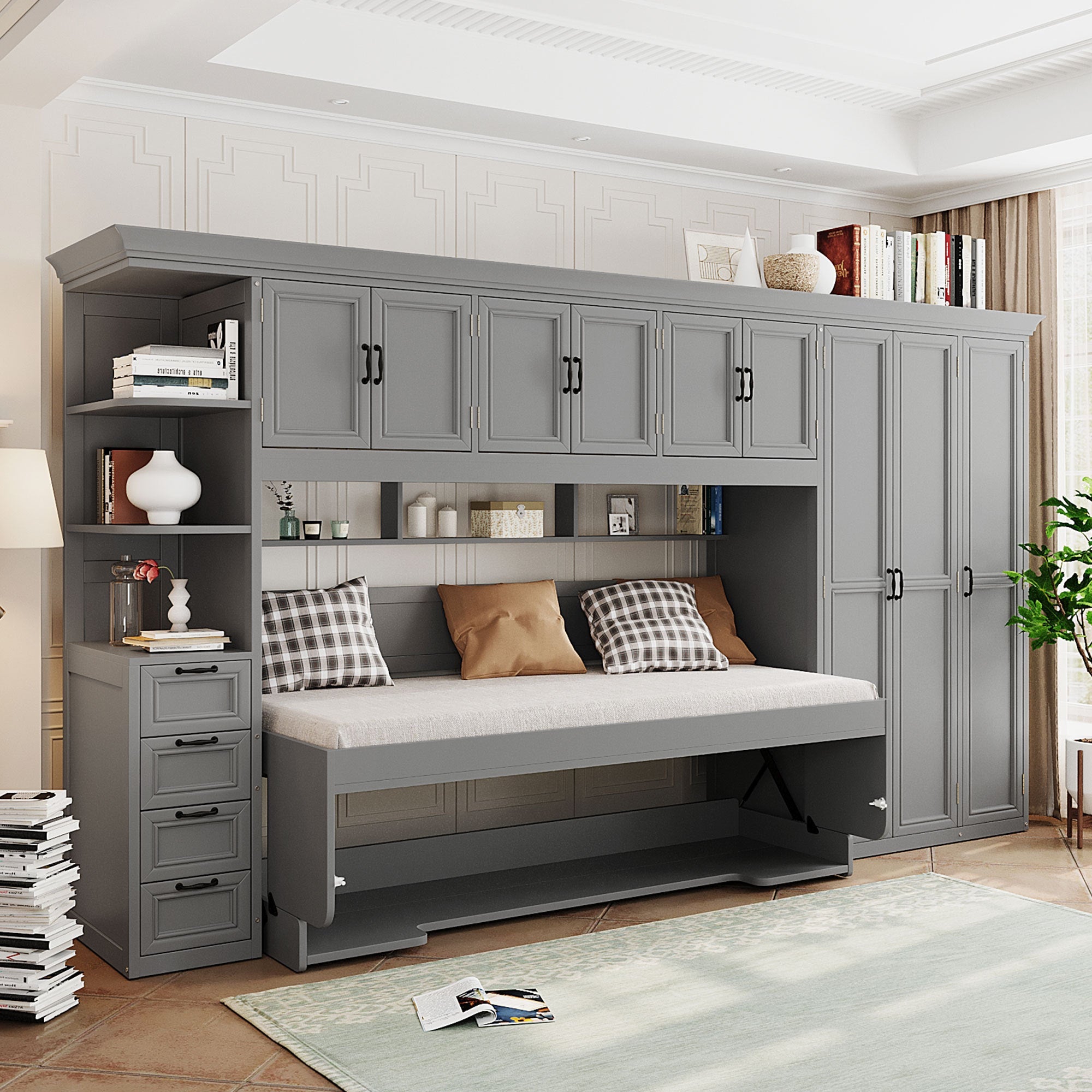 Twin Size Murphy Bed Wall Bed with Wardrobe, Cabinet and Desk, Gray